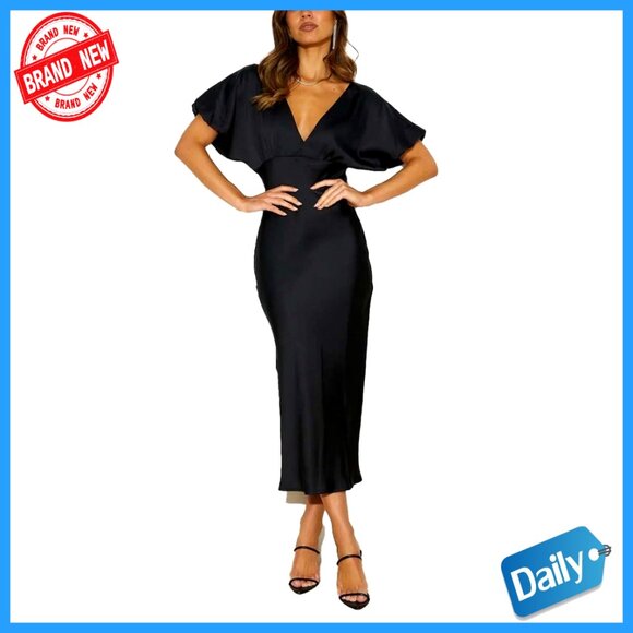 Satin V Neck Puffy Sleeves Midi Dress Empire Waist Tie Back Elegant Formal